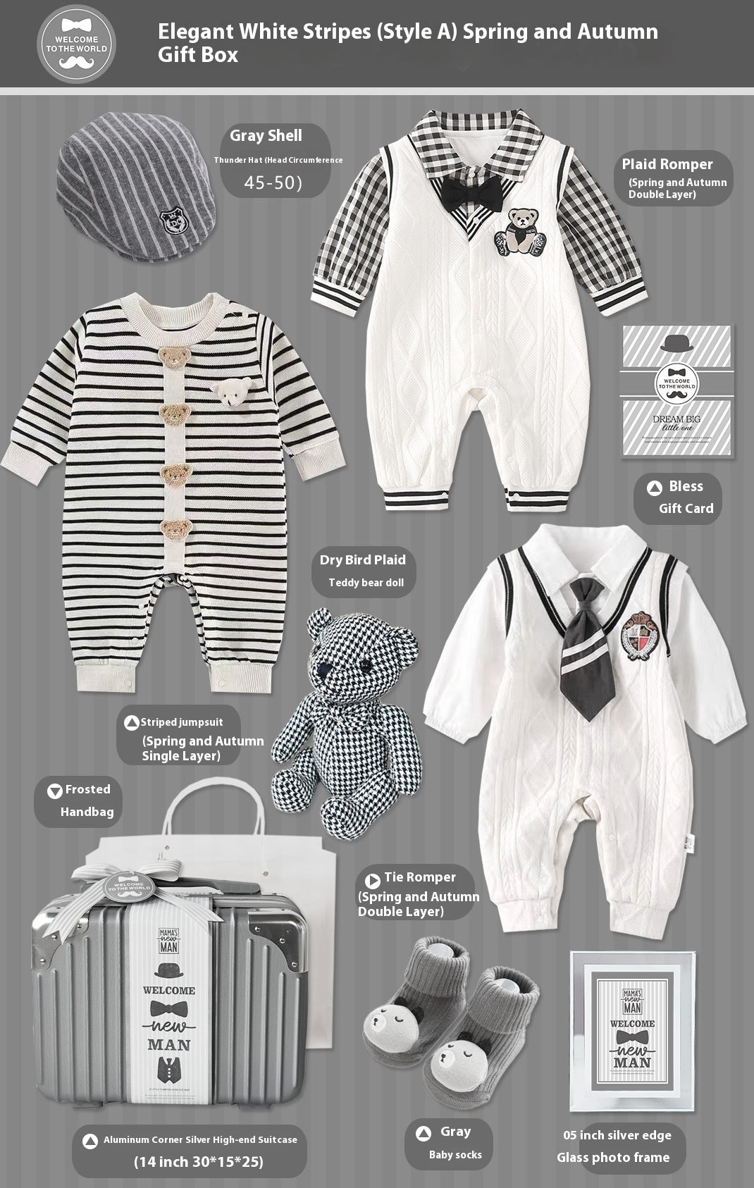 Elegant White Stripes Baby Gift Set – 9-Piece Cotton Outfit & Keepsake Box (0–18 Months)