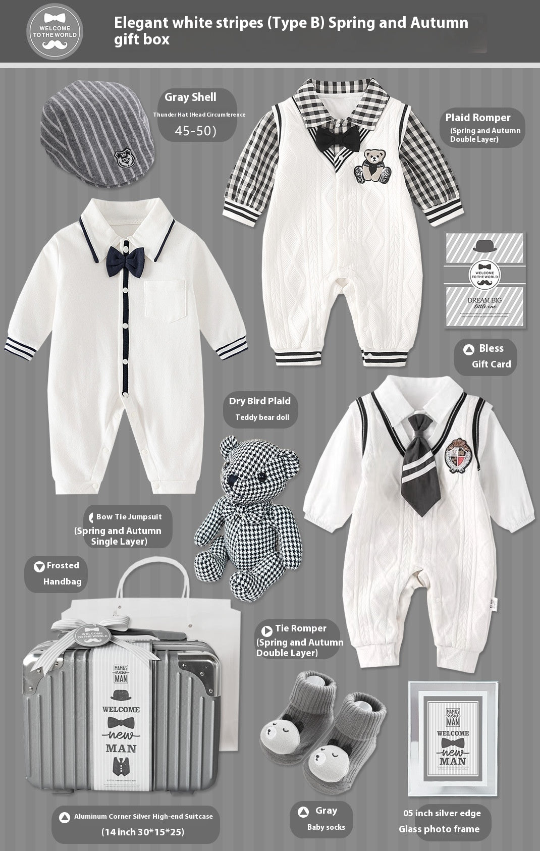 Elegant White Stripes Baby Gift Set – 9-Piece Cotton Outfit & Keepsake Box (0–18 Months)