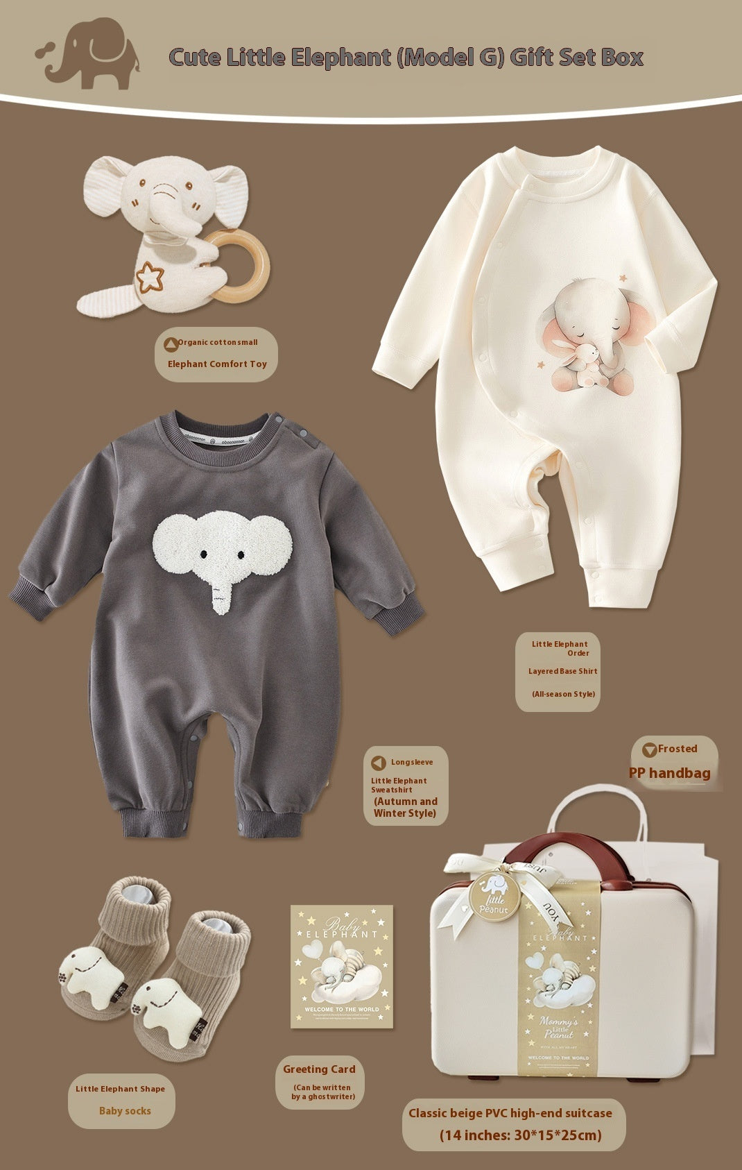 Cute Little Elephant Baby Gift Set – 9-Piece Cotton Outfit & Keepsake Box (0–18 Months)