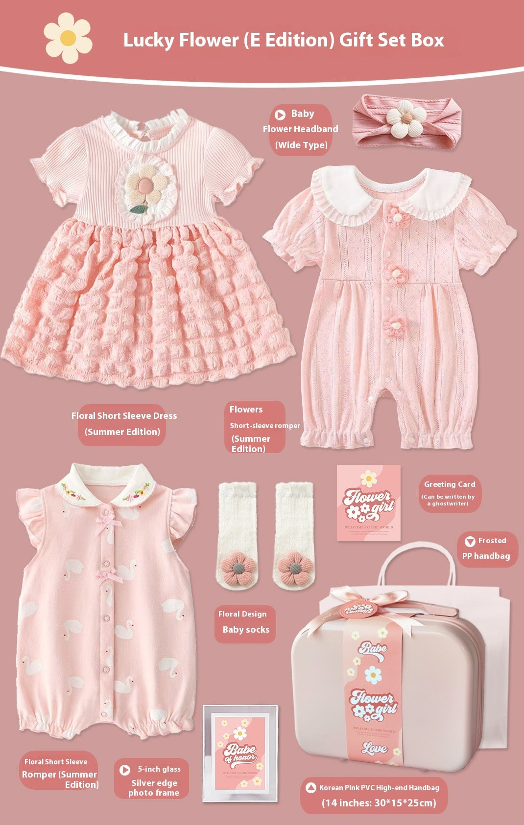 Lucky Flower Baby Girl Gift Set – 9-Piece Cotton Outfit & Keepsake Box (0–18 Months)
