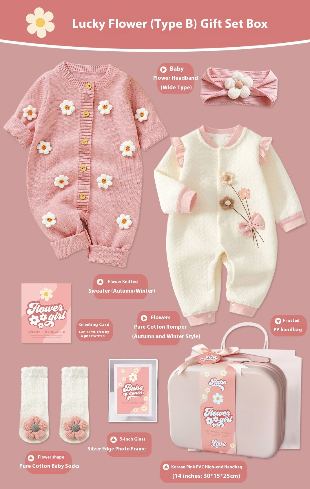 Lucky Flower Baby Girl Gift Set – 9-Piece Cotton Outfit & Keepsake Box (0–18 Months)