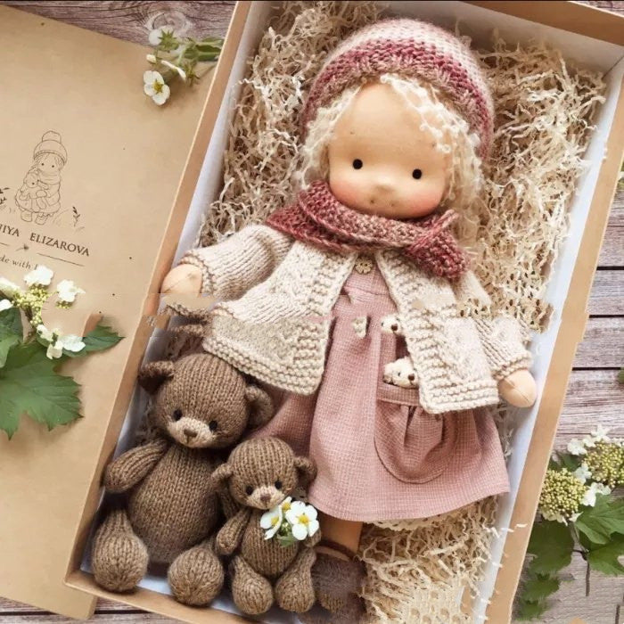 Handmade Cozy Doll with Knitted Outfit & Plush Friend – Gift Box Set