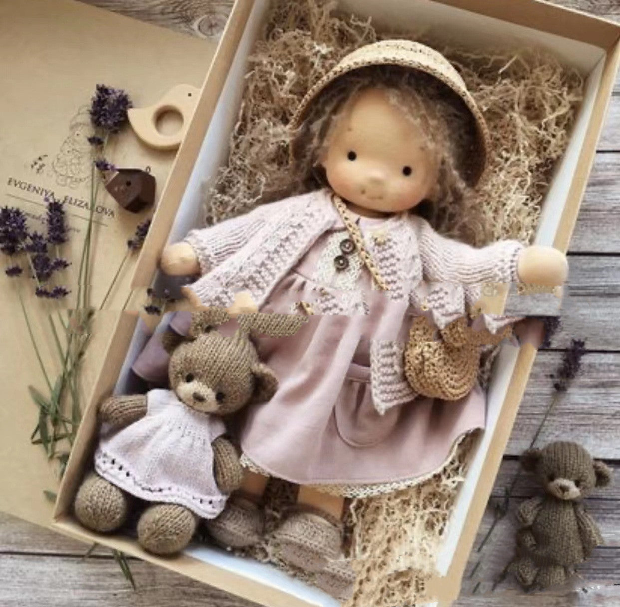 Handmade Cozy Doll with Knitted Outfit & Plush Friend – Gift Box Set