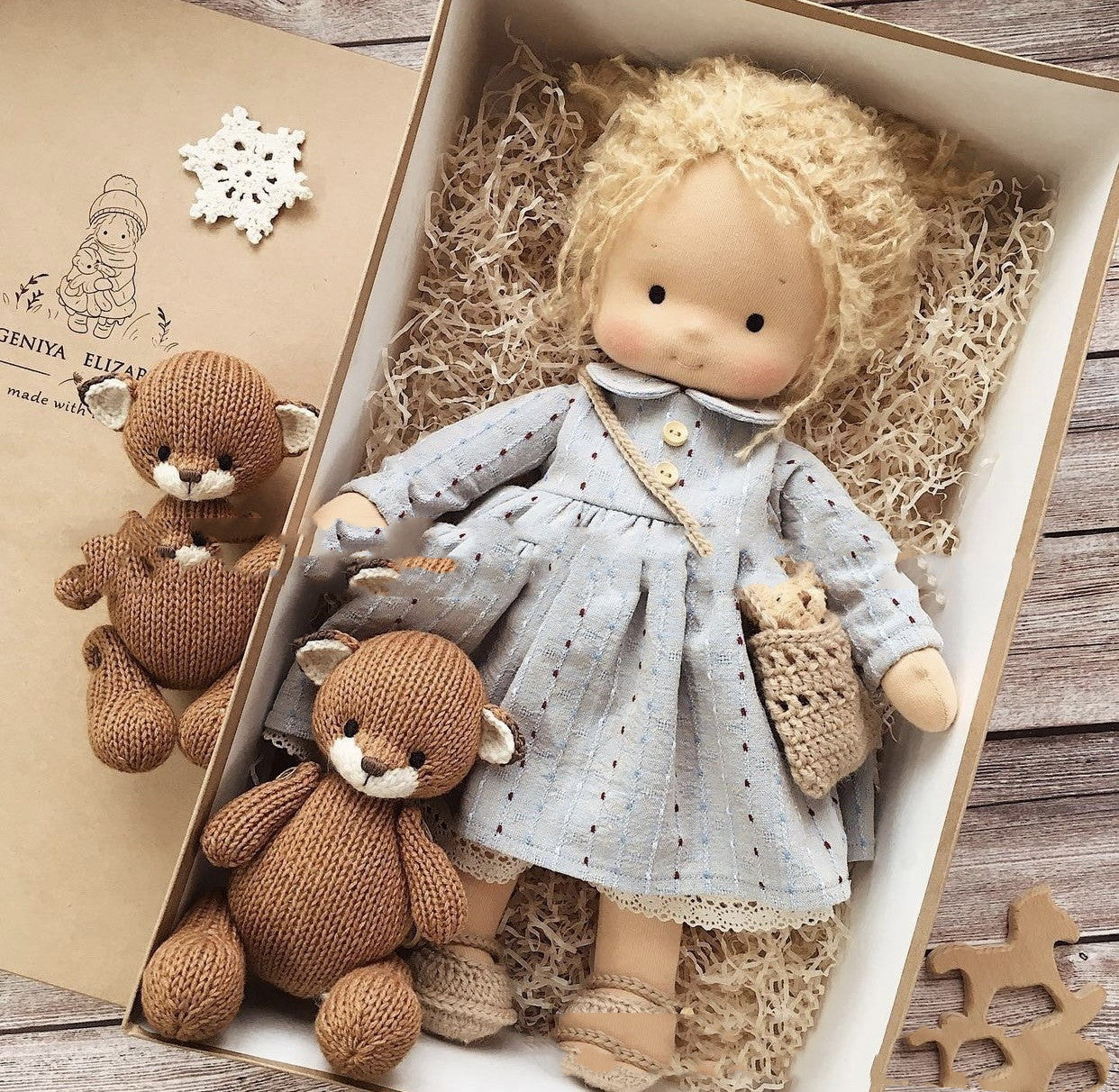 Handmade Cozy Doll with Knitted Outfit & Plush Friend – Gift Box Set