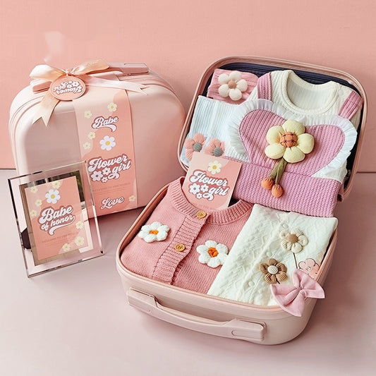 Lucky Flower Baby Girl Gift Set – 9-Piece Cotton Outfit & Keepsake Box (0–18 Months)