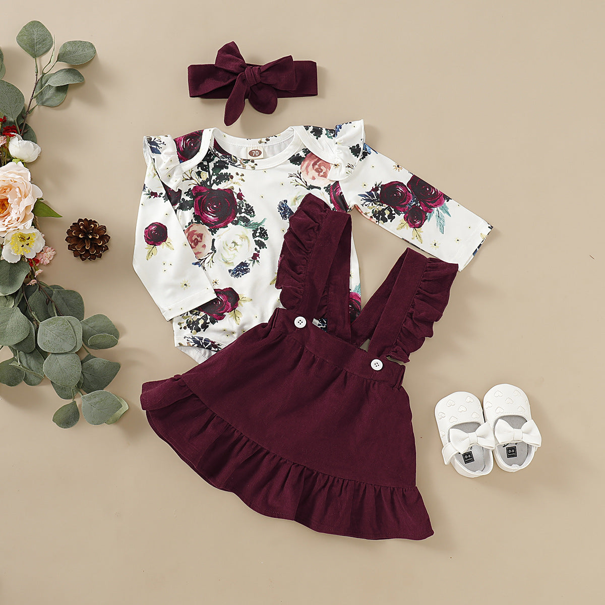 3-Piece Baby Girl Outfit – Floral Romper, Burgundy Ruffle Suspender Skirt & Headband