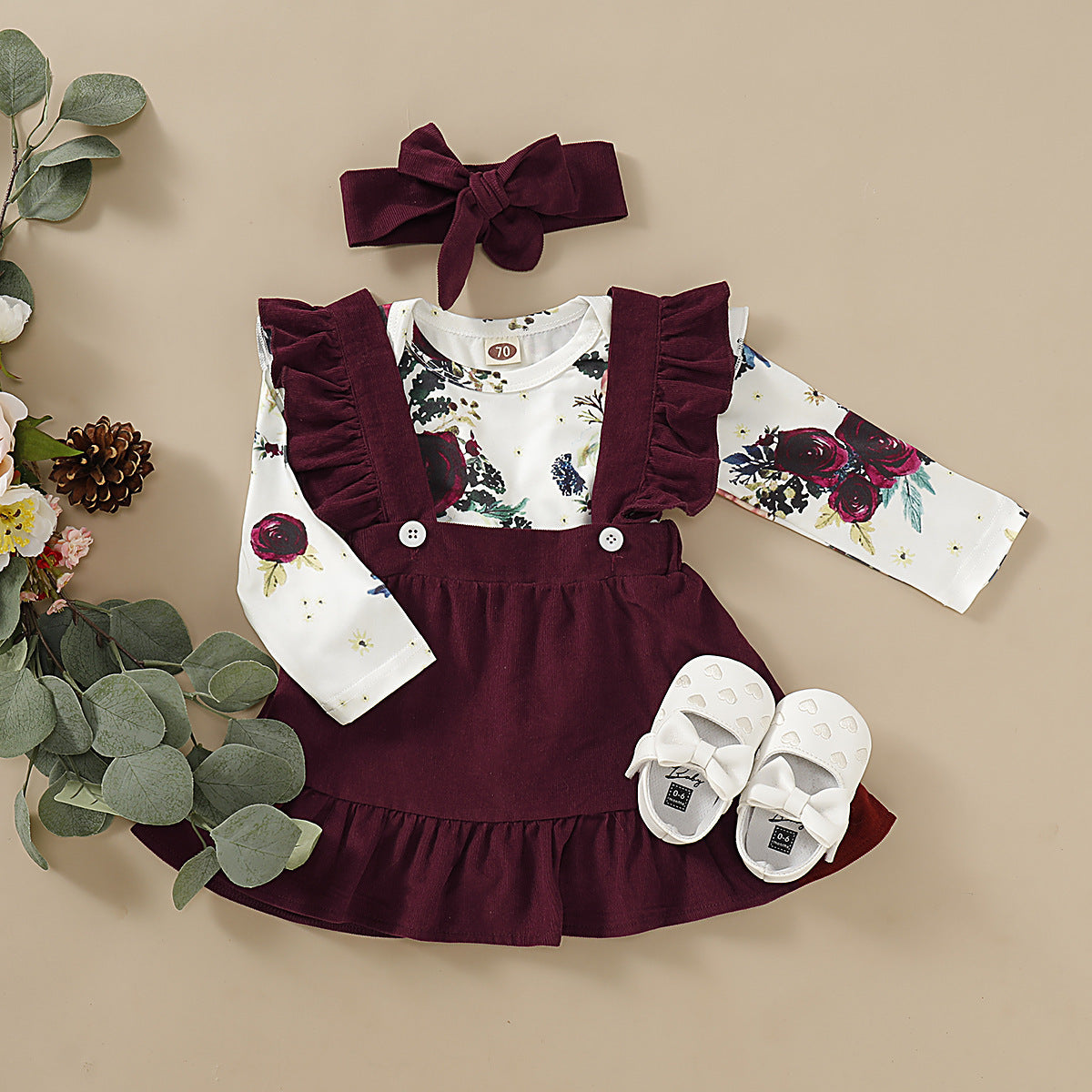 3-Piece Baby Girl Outfit – Floral Romper, Burgundy Ruffle Suspender Skirt & Headband