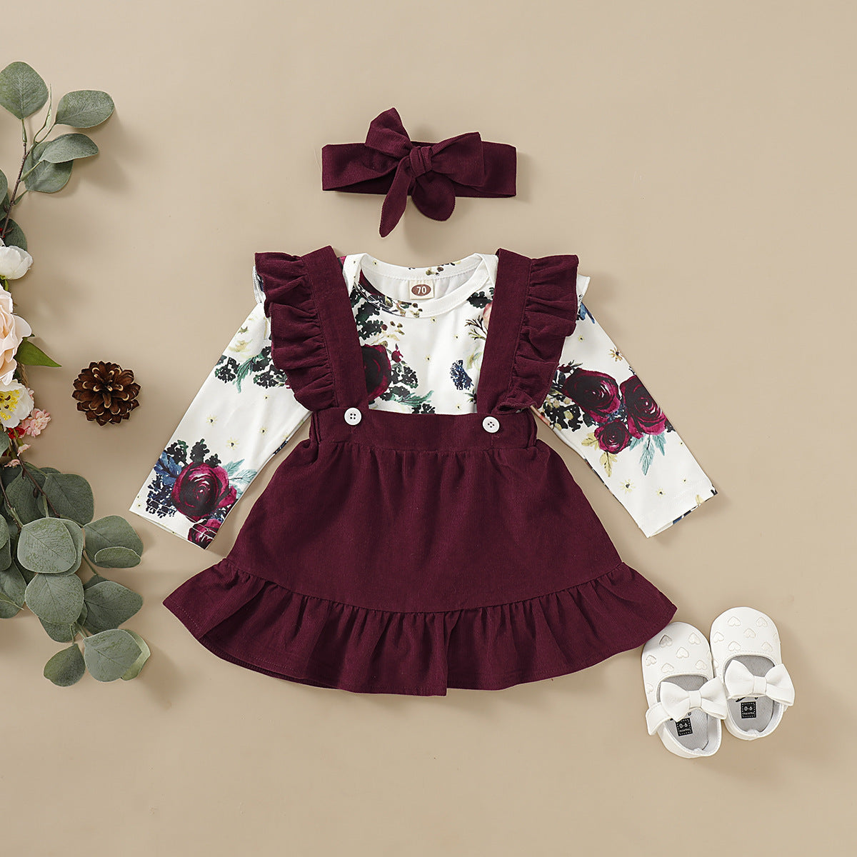 3-Piece Baby Girl Outfit – Floral Romper, Burgundy Ruffle Suspender Skirt & Headband