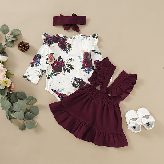 3-Piece Baby Girl Outfit – Floral Romper, Burgundy Ruffle Suspender Skirt & Headband