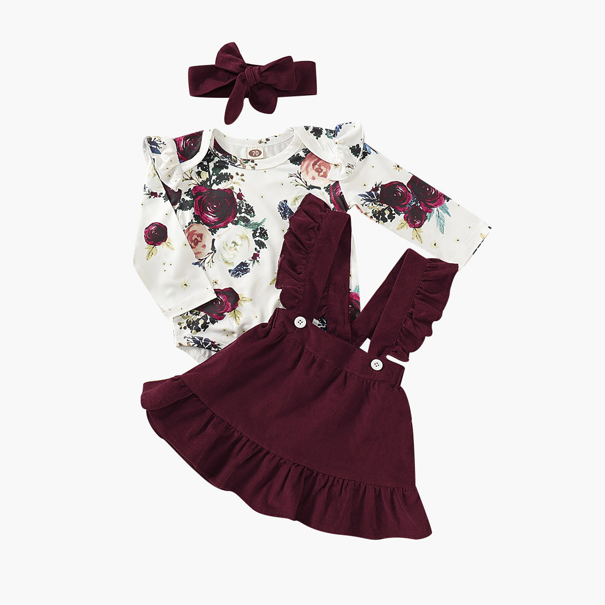 3-Piece Baby Girl Outfit – Floral Romper, Burgundy Ruffle Suspender Skirt & Headband