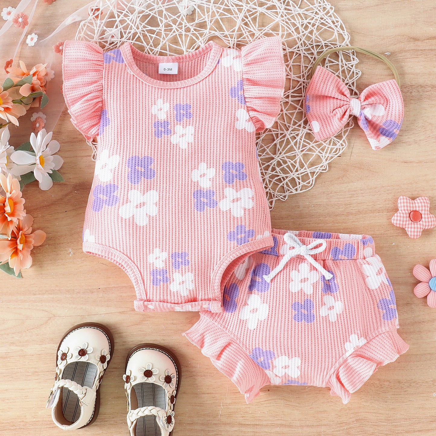 Baby Girl Floral Sleeveless Two-Piece Set – Bodysuit & Shorts