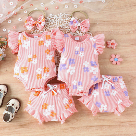Baby Girl Floral Sleeveless Two-Piece Set – Bodysuit & Shorts