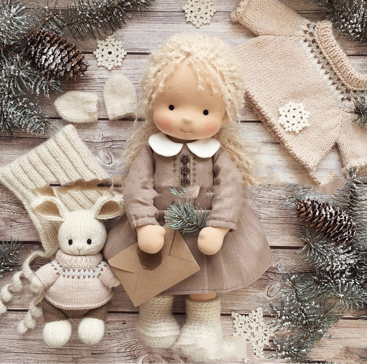 Handmade Cozy Doll with Knitted Outfit & Plush Friend – Gift Box Set