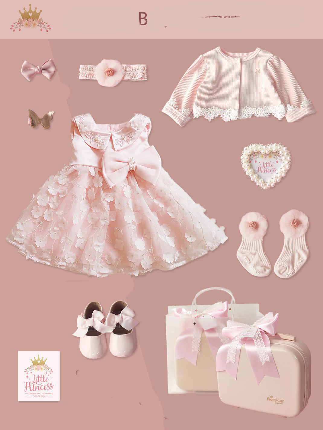 Little Princess Baby Girl Gift Box – Champagne Pink Dress & Accessories Set