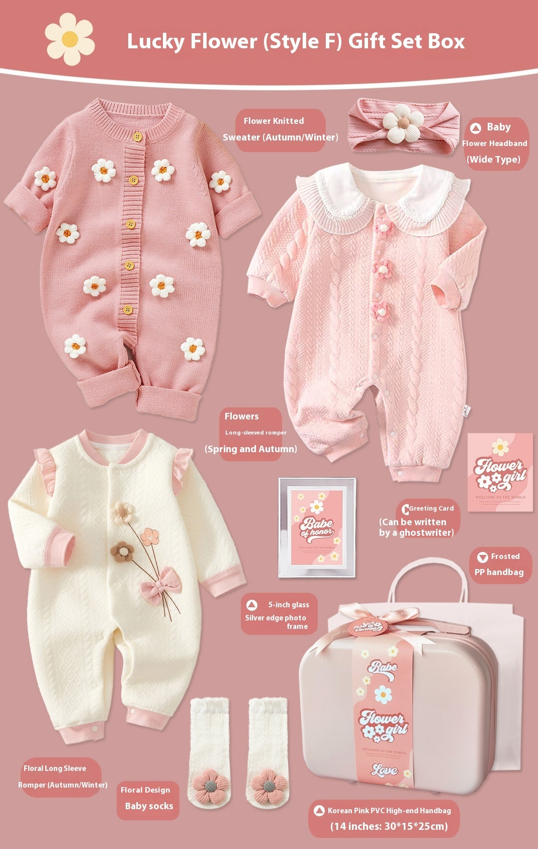 Lucky Flower Baby Girl Gift Set – 9-Piece Cotton Outfit & Keepsake Box (0–18 Months)