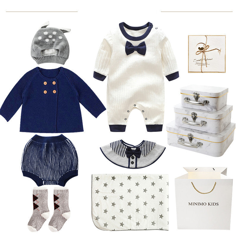 Newborn Baby Boy 8-Piece Gift Box Set – British Style Cotton Outfit Collection