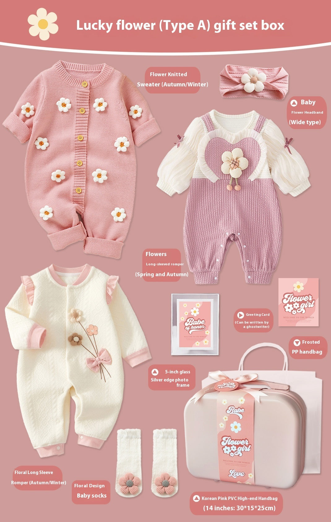 Lucky Flower Baby Girl Gift Set – 9-Piece Cotton Outfit & Keepsake Box (0–18 Months)