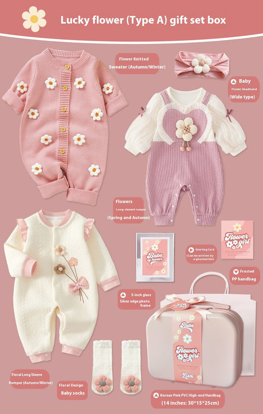 Lucky Flower Baby Girl Gift Set – 9-Piece Cotton Outfit & Keepsake Box (0–18 Months)
