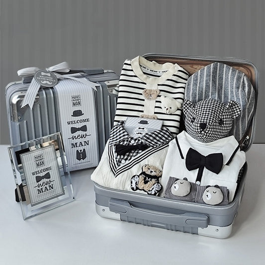 Elegant White Stripes Baby Gift Set – 9-Piece Cotton Outfit & Keepsake Box (0–18 Months)