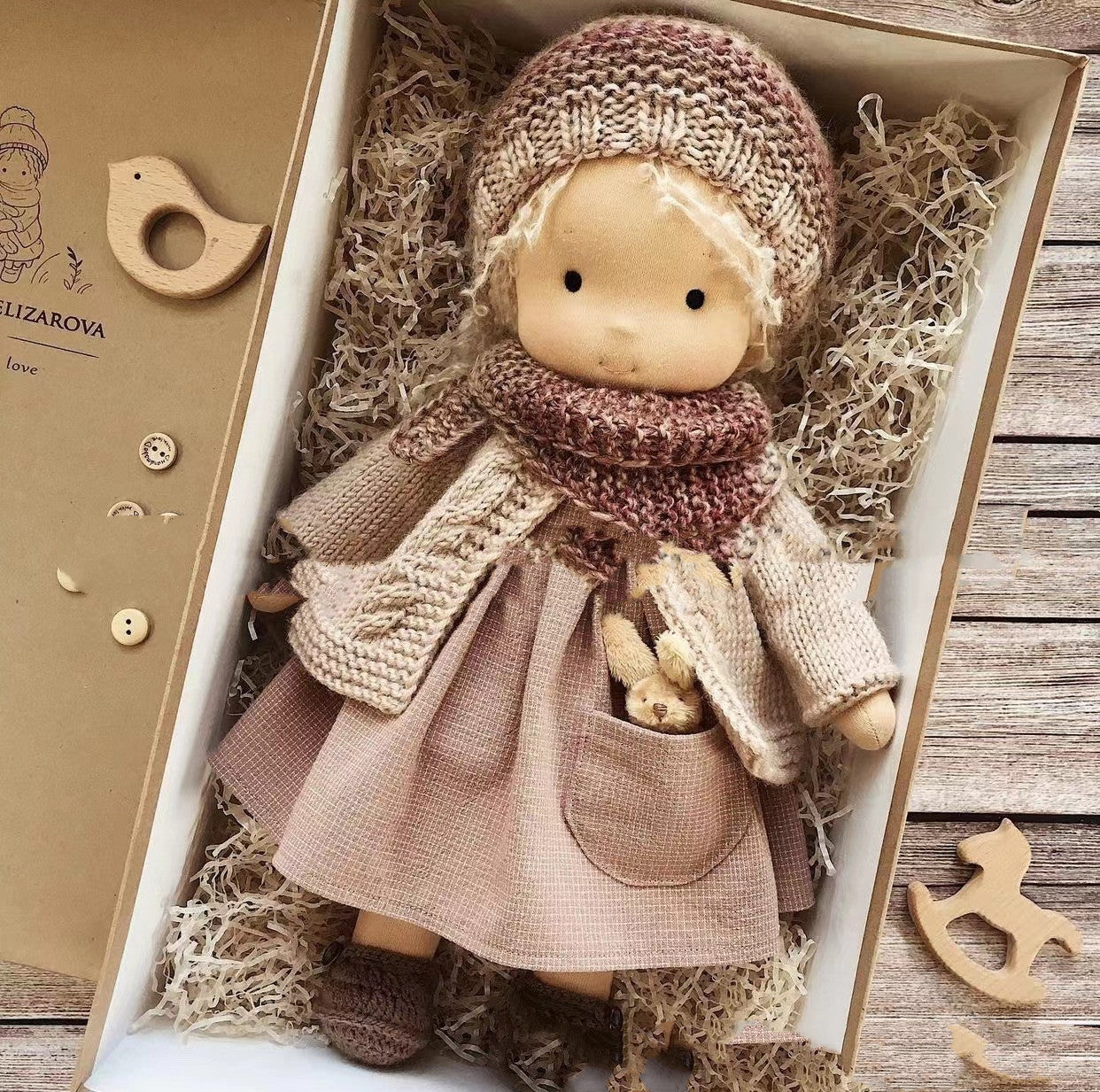 Handmade Cozy Doll with Knitted Outfit & Plush Friend – Gift Box Set