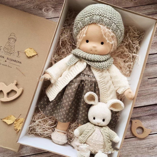 Handmade Cozy Doll with Knitted Outfit & Plush Friend – Gift Box Set
