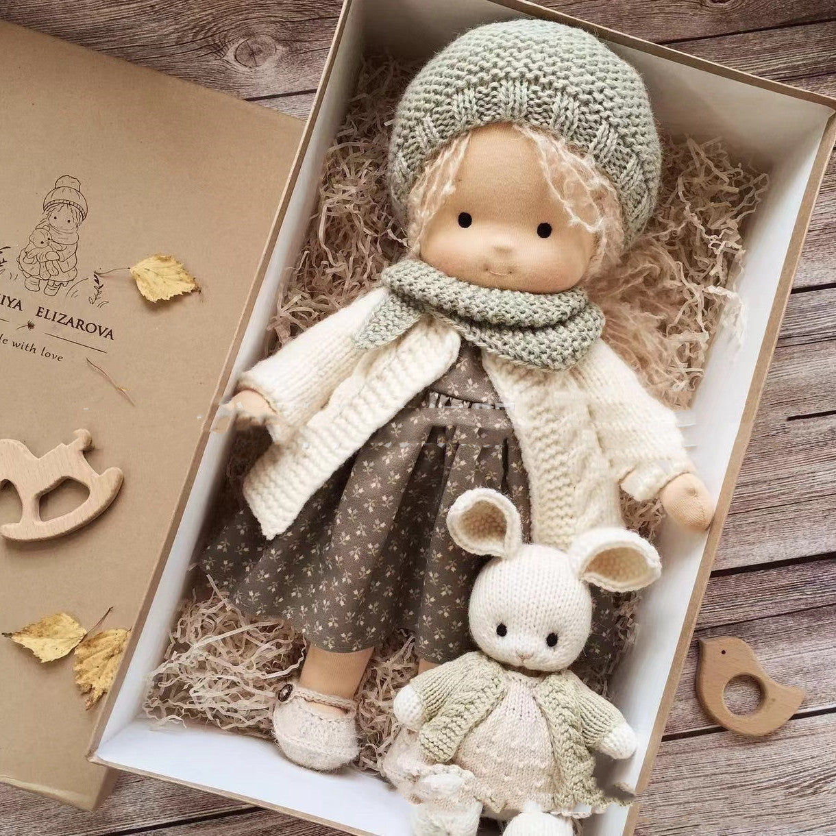 Handmade Cozy Doll with Knitted Outfit & Plush Friend – Gift Box Set