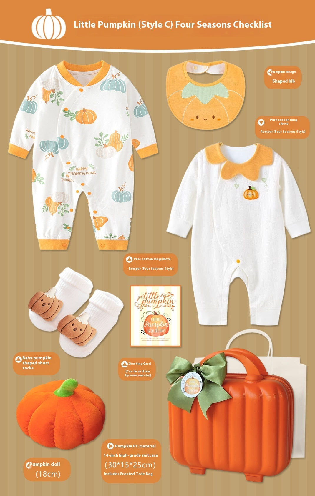 Pumpkin-Themed Baby Gift Set with Suitcase – 8-Piece Cotton Outfit for Newborns (0–18 Months)
