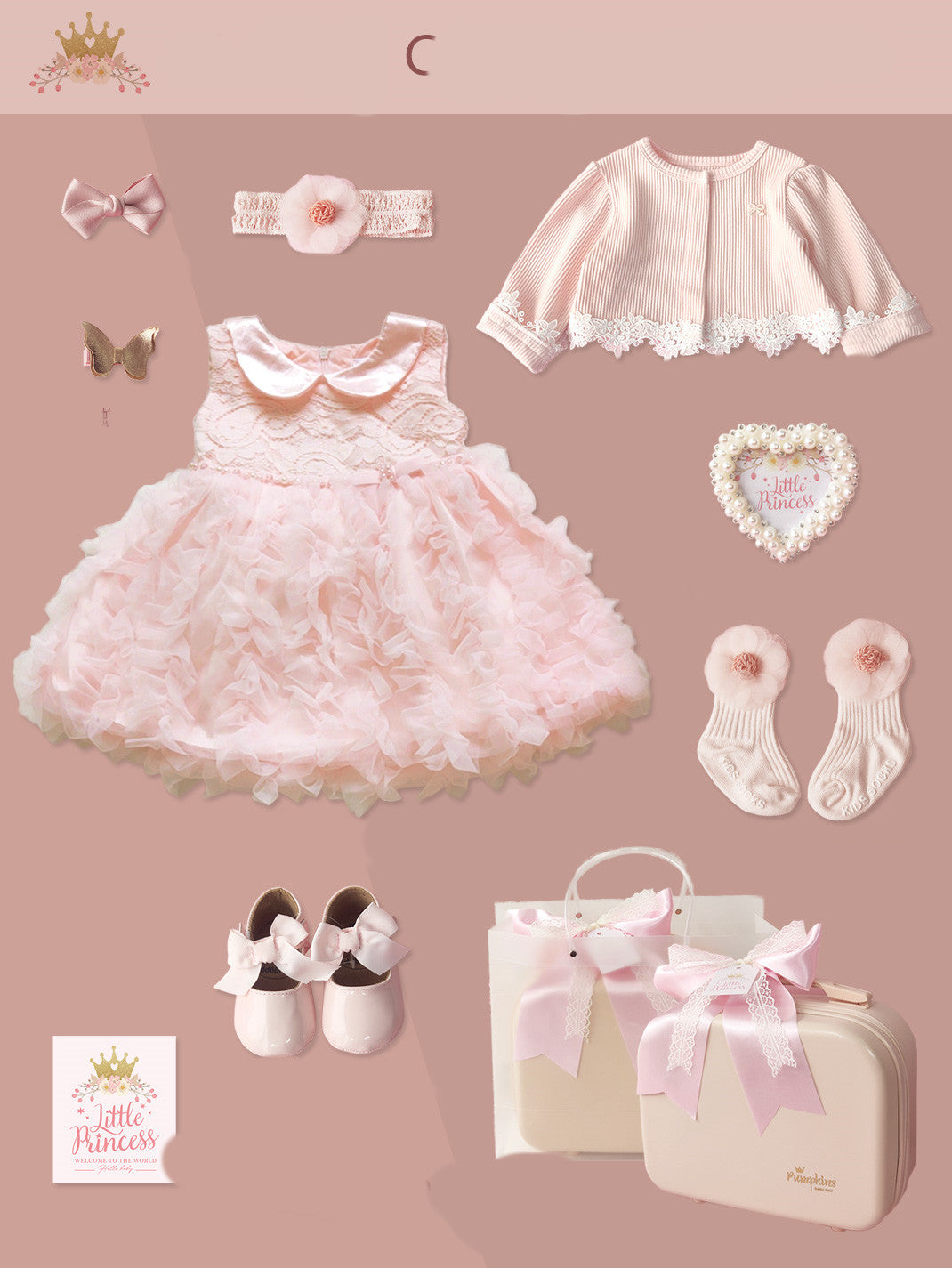 Little Princess Baby Girl Gift Box – Champagne Pink Dress & Accessories Set