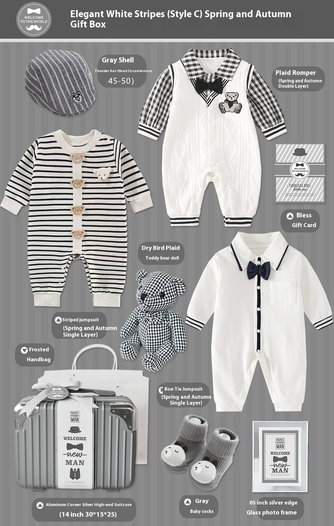 Elegant White Stripes Baby Gift Set – 9-Piece Cotton Outfit & Keepsake Box (0–18 Months)