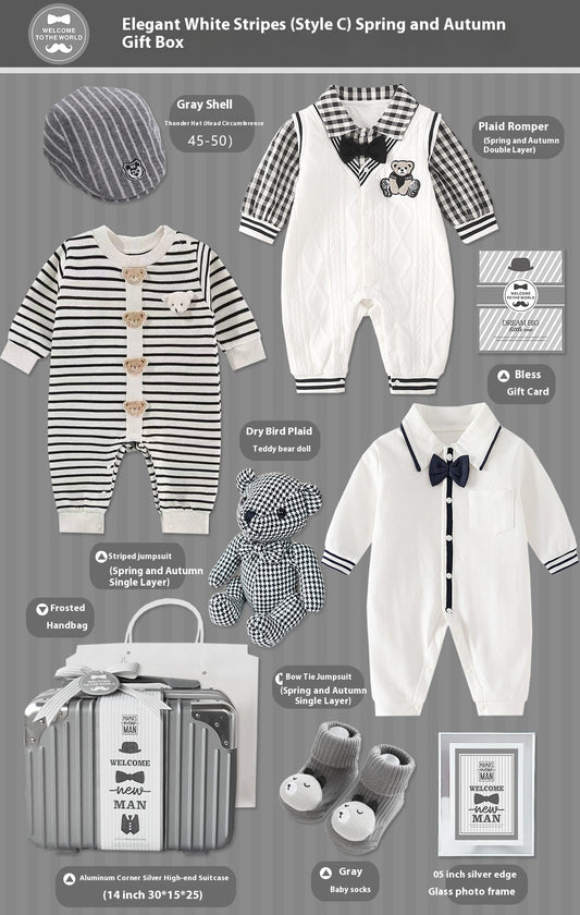 Elegant White Stripes Baby Gift Set – 9-Piece Cotton Outfit & Keepsake Box (0–18 Months)