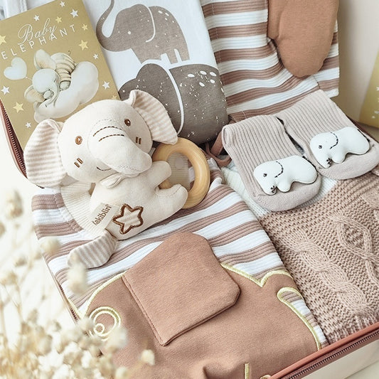 Cute Little Elephant Baby Gift Set – 9-Piece Cotton Outfit & Keepsake Box (0–18 Months)