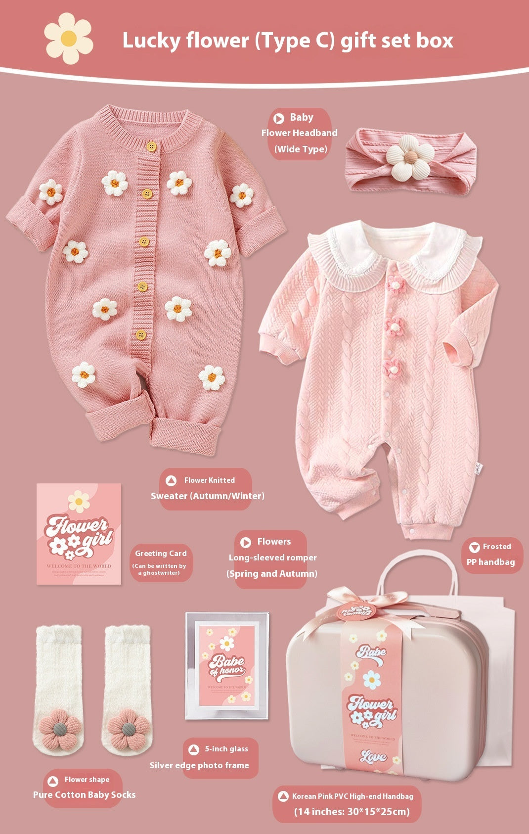 Lucky Flower Baby Girl Gift Set – 9-Piece Cotton Outfit & Keepsake Box (0–18 Months)