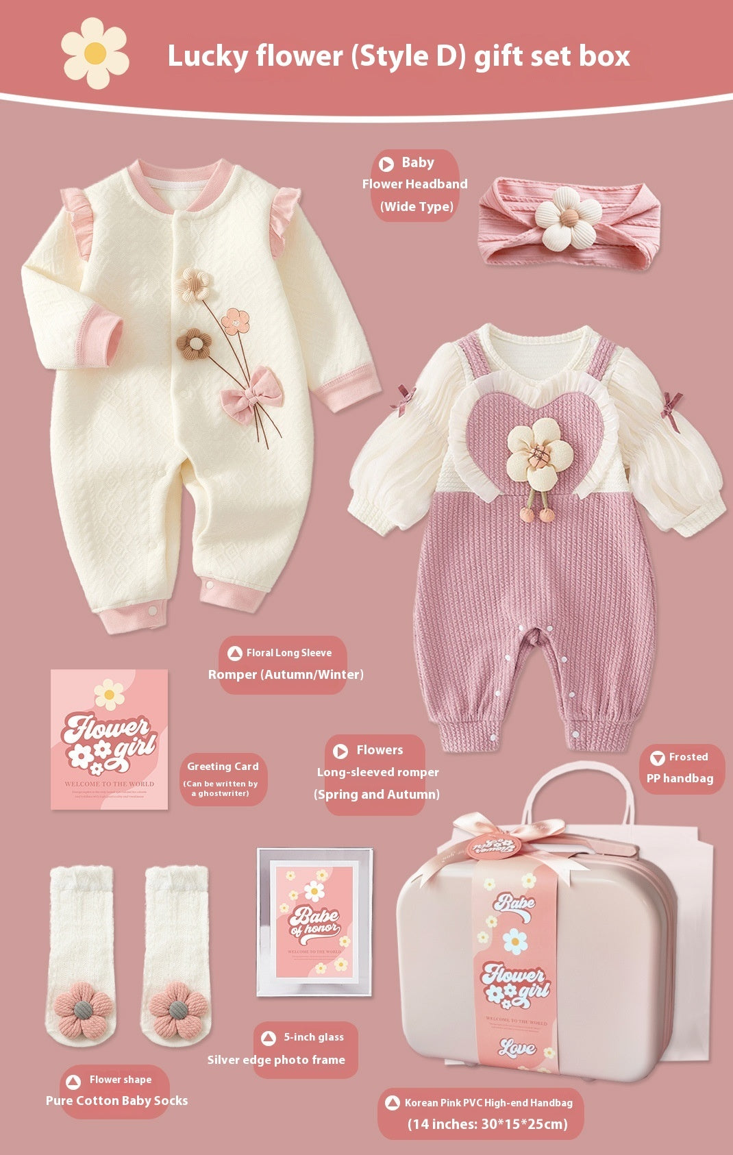 Lucky Flower Baby Girl Gift Set – 9-Piece Cotton Outfit & Keepsake Box (0–18 Months)