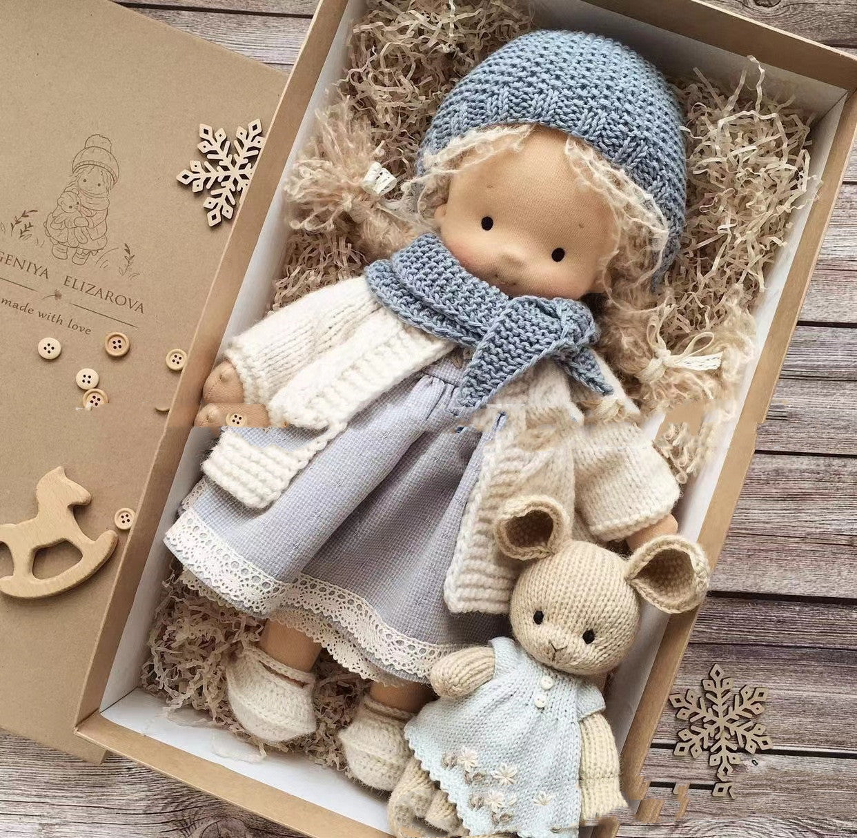 Handmade Cozy Doll with Knitted Outfit & Plush Friend – Gift Box Set