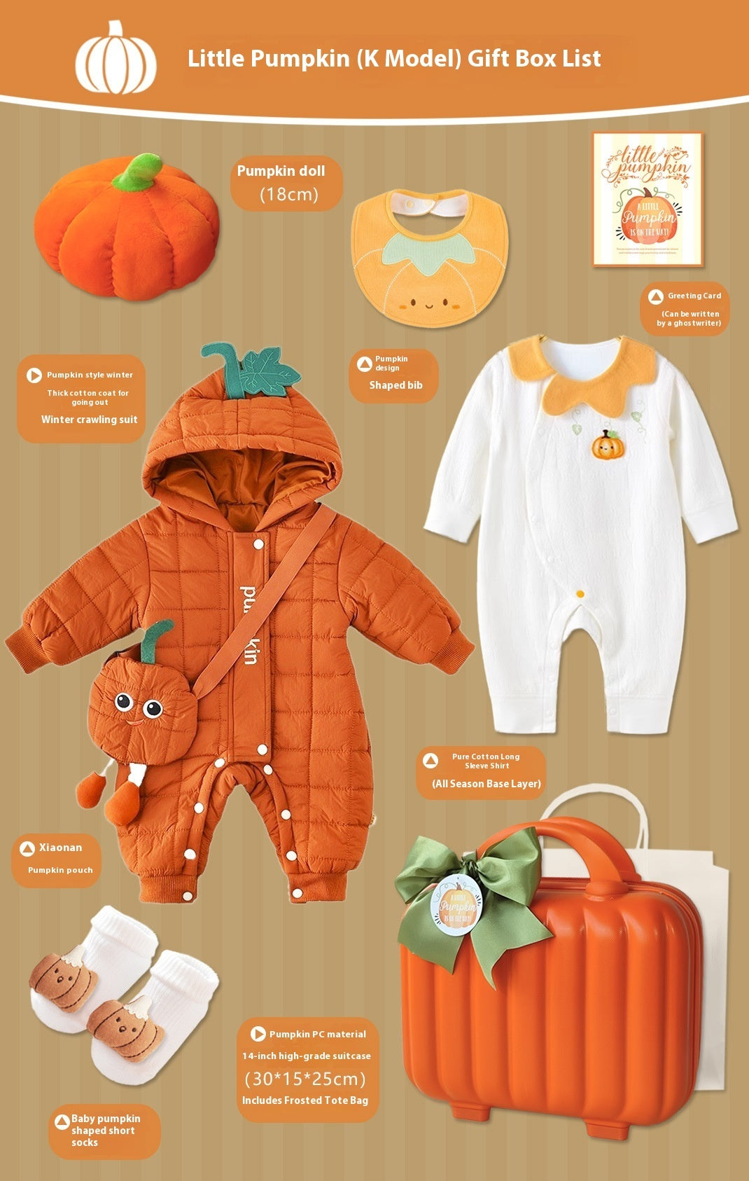 Pumpkin-Themed Baby Gift Set with Suitcase – 8-Piece Cotton Outfit for Newborns (0–18 Months)
