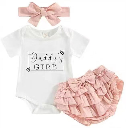 Baby Girl Three-Piece Letter Print Skirt Suit – Romper, Bow Tie & Shorts Set