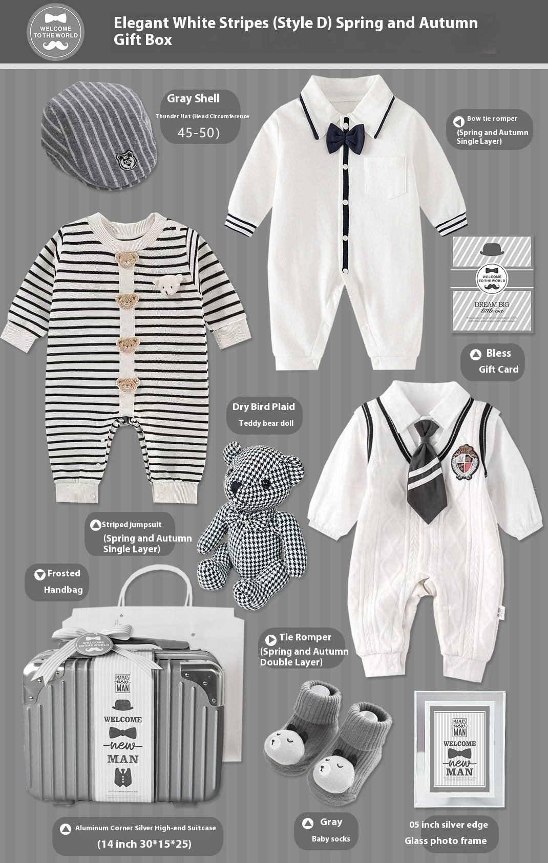 Elegant White Stripes Baby Gift Set – 9-Piece Cotton Outfit & Keepsake Box (0–18 Months)