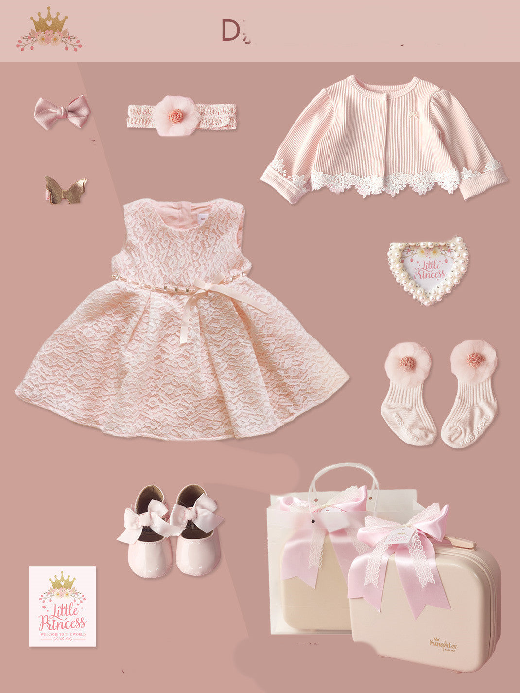 Little Princess Baby Girl Gift Box – Champagne Pink Dress & Accessories Set