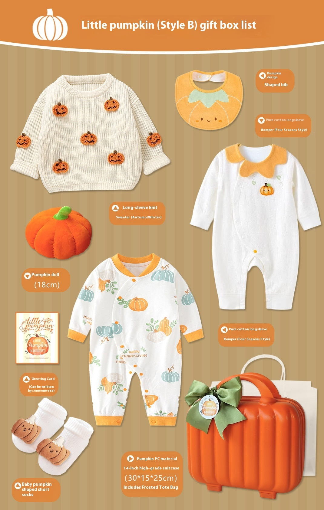 Pumpkin-Themed Baby Gift Set with Suitcase – 8-Piece Cotton Outfit for Newborns (0–18 Months)