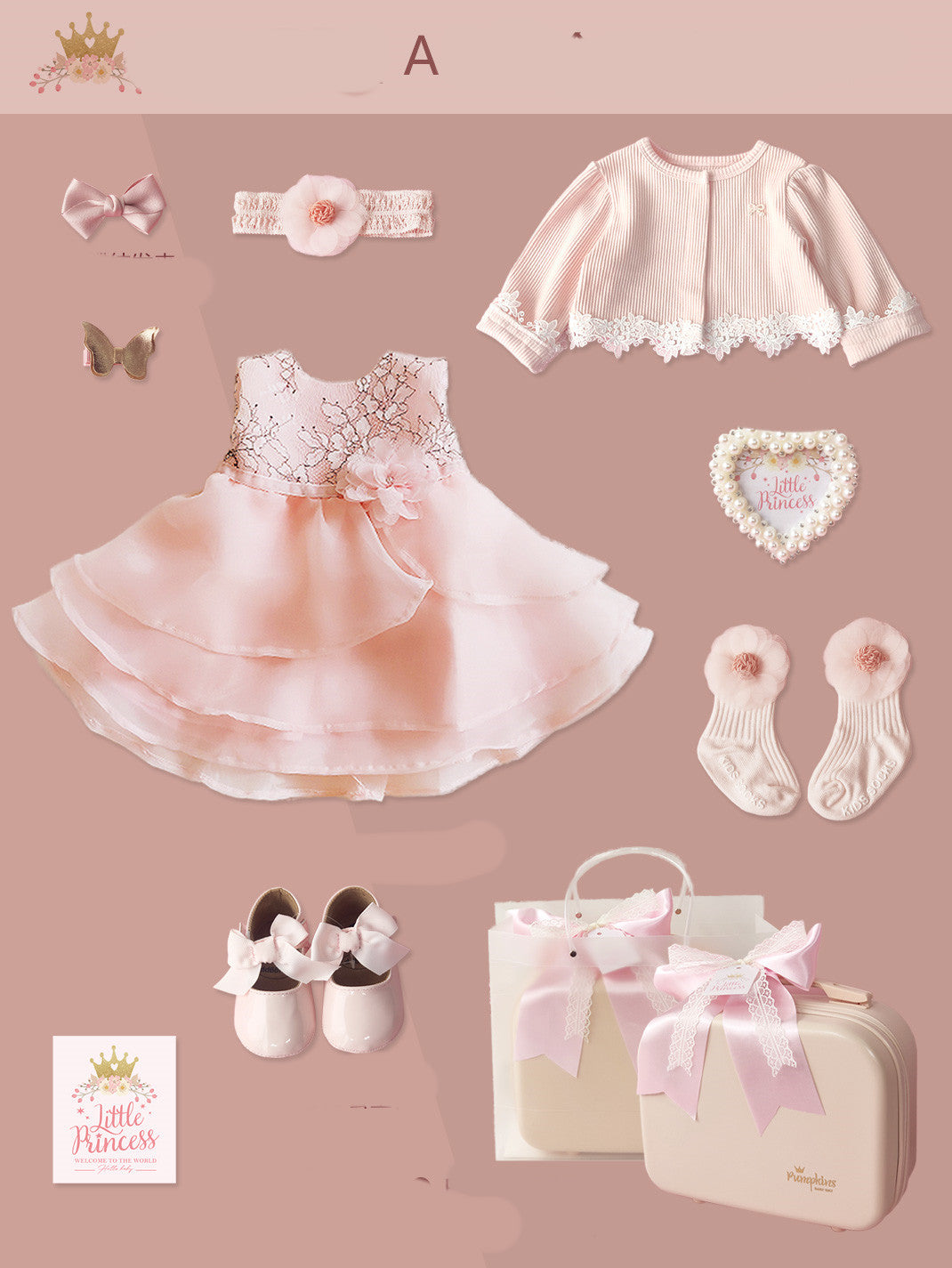 Little Princess Baby Girl Gift Box – Champagne Pink Dress & Accessories Set